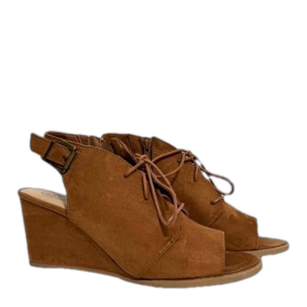 So Authentic American Heritage Faux Suede Sling Back Cognac Wedge